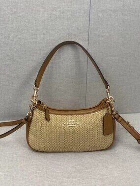 🌷COACH CR350 Teri 2way Shoulder Bag Crossbody Straw Leather Latte